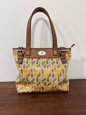 Fossil Multicolor Geometric Canvas Tote with Brown Leather Trim